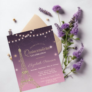 Invitation Tour Eiffel pailleté or, Quinceañera bordeaux