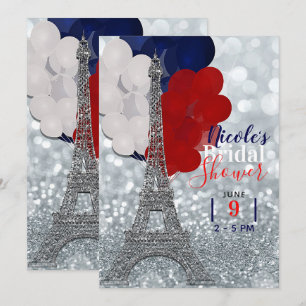 Invitation Tour Eiffel Pailletée Argent Fête Rouge Blanc Bleu