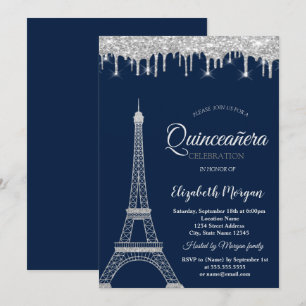Invitation Tour Eiffel Pailletée Argent,Gouttes de Quinceañer