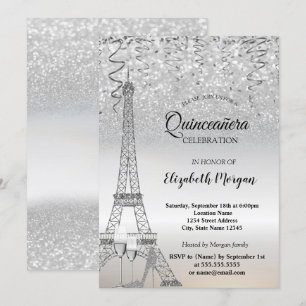 Invitation Tour Eiffel pailletée argent, Talon, Quinceañera e