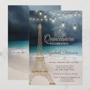 Invitation Tour Eiffel pailletée or, Couronne de plage Quince