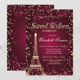 Invitation Tour Eiffel Pailletée Or Diamants Rouge Douce 16
