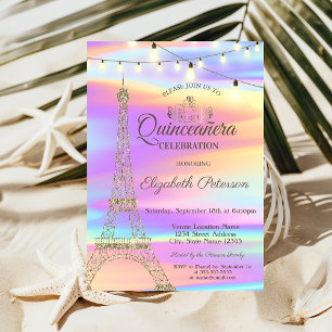 Invitation Tour Eiffel Pailletée Or Quinceañera Holographique