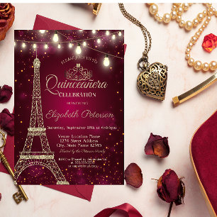 Invitation Tour Eiffel pailletée or,Tiara Quinceañera rouge