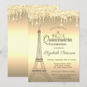 Invitation Tour Eiffel pailletée or,Tiare,Gouttes Quinceañera