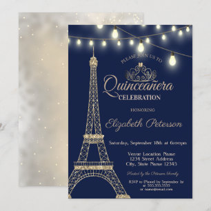 Invitation Tour Eiffel pailletée or,Tiare Quinceañera