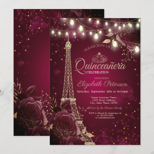 Invitation Tour Eiffel pailletée, Roses bourguignonnes Quince