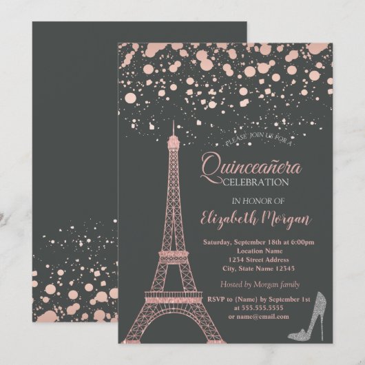 Invitation Tour Eiffel pailletée, talons points Quinceañera (Devant / Derrière)