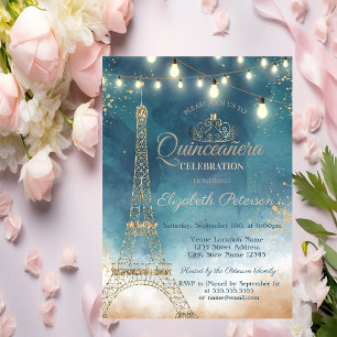Invitation Tour Eiffel pailletée, Tiara Aquarelle Quinceañer