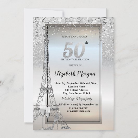 Invitation Tour Eiffel Paillettes Argent, Verre, Talons 50ème (Devant)