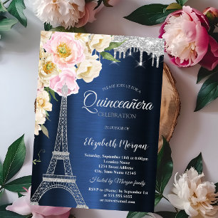 Invitation Tour Eiffel Paillettes Argentées,Drips Cérémonie d