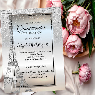 Invitation Tour Eiffel Paillettes Argentées, Verre, Talon Hau