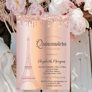 Invitation Tour Eiffel Paillettes Or Rose, Gouttes Quinceañer