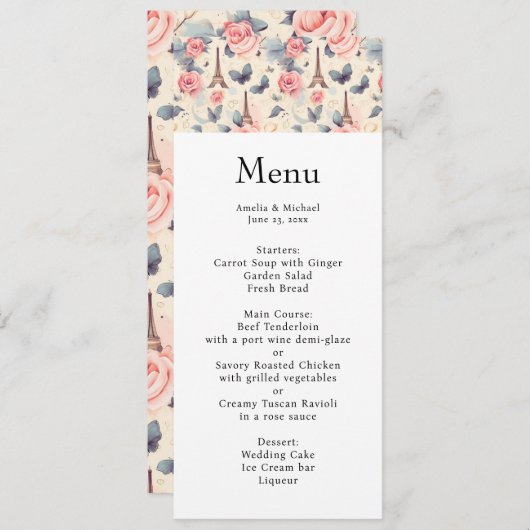Invitation Tour Eiffel Papillon et menu Mariage Rose (Devant / Derrière)