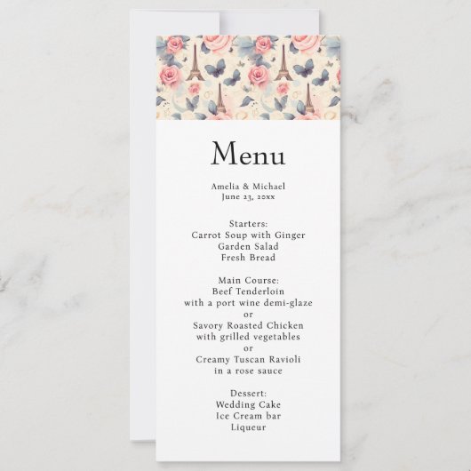 Invitation Tour Eiffel Papillon et menu Mariage Rose (Devant)