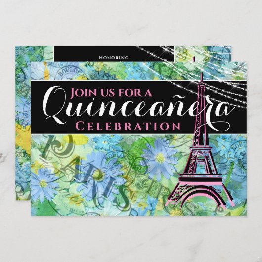 Invitation Tour Eiffel Paris avec messe Quinceañera (Devant / Derrière)
