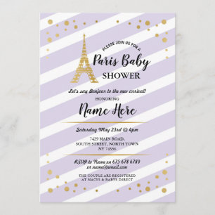 Invitation Tour Eiffel Paris Baby shower Purple Gold