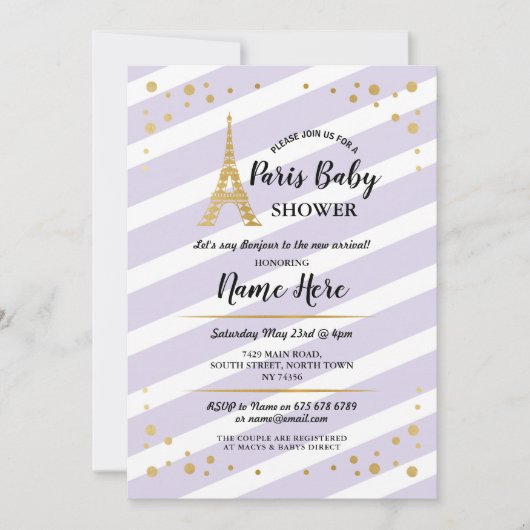 Invitation Tour Eiffel Paris Baby shower violet (Devant)