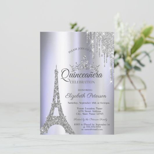 Invitation Tour Eiffel Paris en argent, Violet percé Quinceañ (Debout devant)