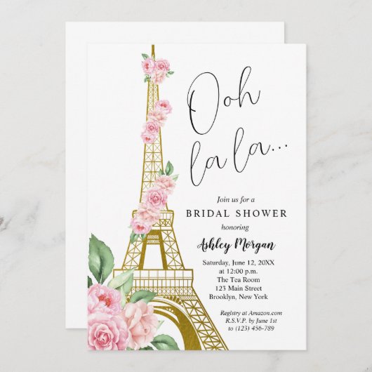 Invitation Tour Eiffel Paris Fête des mariées aux fleurs rose (Devant / Derrière)