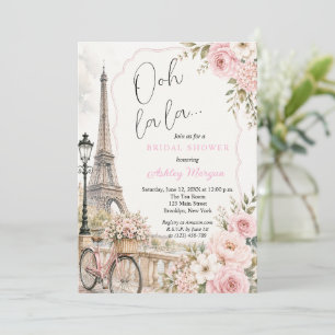 Invitation Tour Eiffel Paris Fleurs Roses Baptême de Mariée