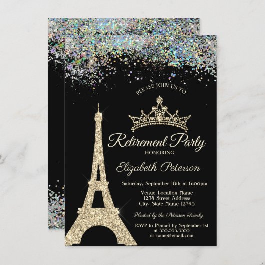 Invitation Tour Eiffel Paris, Retraite Confetti Colorée (Devant / Derrière)