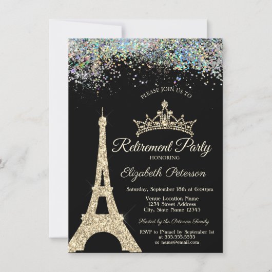 Invitation Tour Eiffel Paris, Retraite Confetti Colorée (Devant)