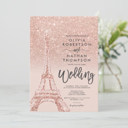 Invitation Tour Eiffel Paris rose or parties scintillant rose (Debout devant)