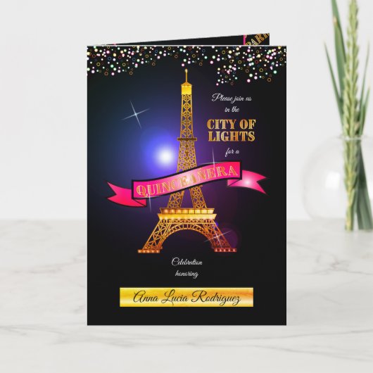 Invitation Tour Eiffel Paris Ville lumière Quinceañera (Devant)