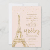 Invitation Tour Eiffel parties scintillant dorée mariage rose (Devant)