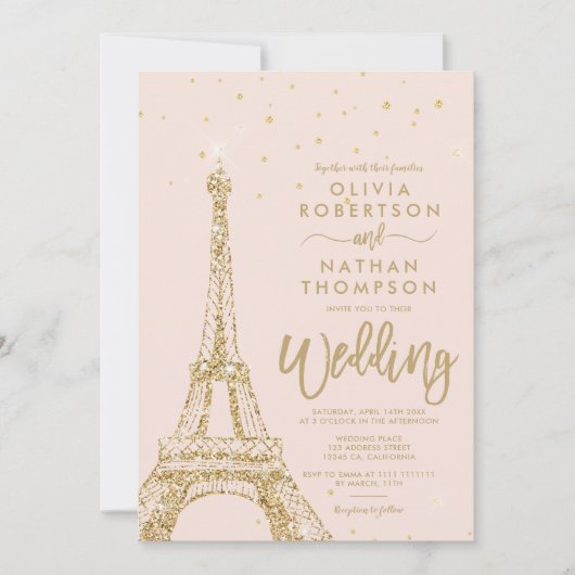 Invitation Tour Eiffel parties scintillant dorée mariage rose (Devant)