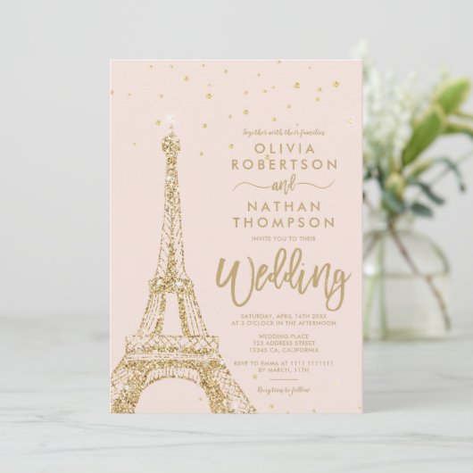 Invitation Tour Eiffel parties scintillant dorée mariage rose (Debout devant)