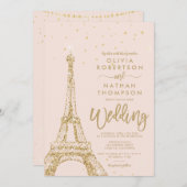 Invitation Tour Eiffel parties scintillant dorée mariage rose (Devant / Derrière)