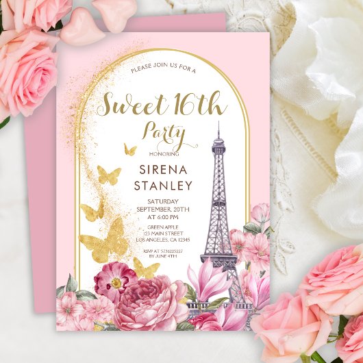 Invitation Tour Eiffel Parties scintillant & Fleurs Girly Swe