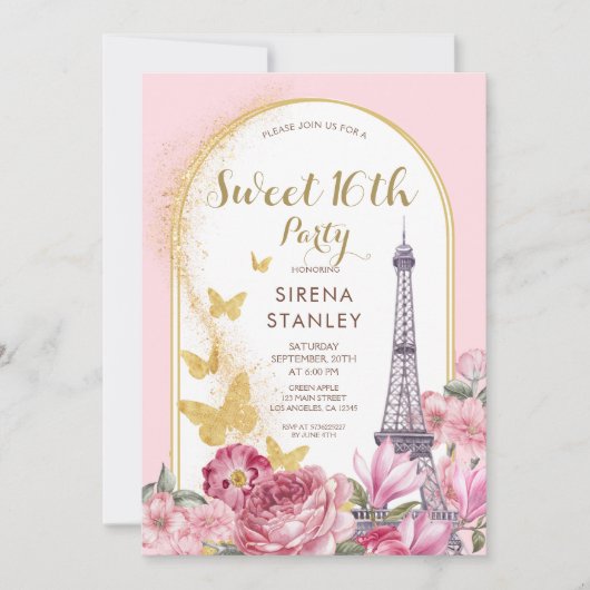 Invitation Tour Eiffel Parties scintillant & Fleurs Girly Swe (Devant)