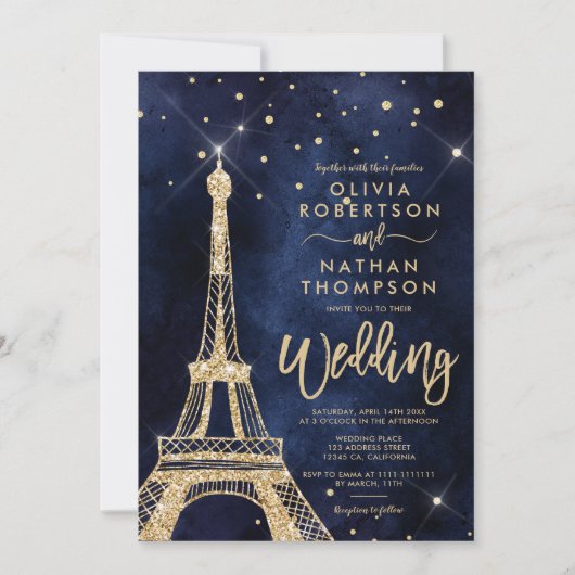 Invitation Tour Eiffel parties scintillant or chic mariage ét (Devant)