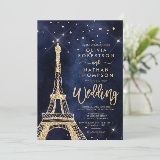 Invitation Tour Eiffel parties scintillant or chic mariage ét (Debout devant)