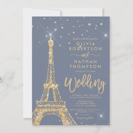 Invitation Tour Eiffel parties scintillant or chic mariage ét (Devant)