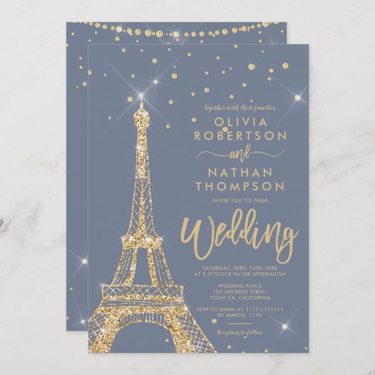 Invitation Tour Eiffel parties scintillant or chic mariage ét (Devant / Derrière)