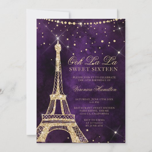 Invitation Tour Eiffel parties scintillant or chic violet  16 (Devant)
