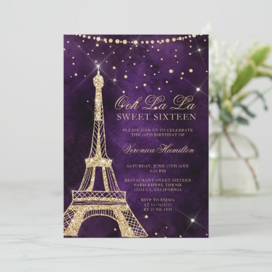 Invitation Tour Eiffel parties scintillant or chic violet  16 (Debout devant)