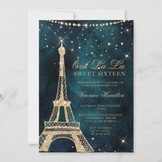 Invitation Tour Eiffel parties scintillant or turquoise scint (Devant)
