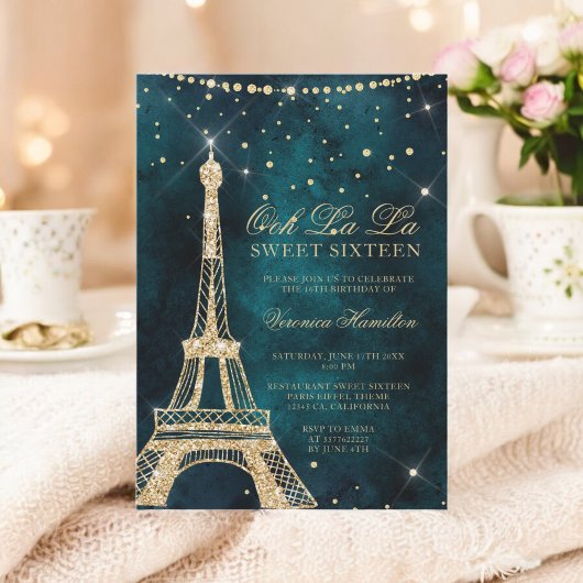 Invitation Tour Eiffel parties scintillant or turquoise scint