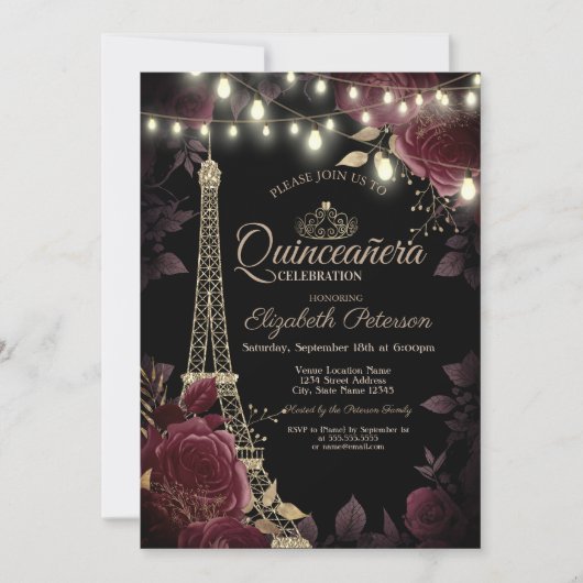 Invitation Tour Eiffel parties scintillant, Quinceañera Rose  (Devant)