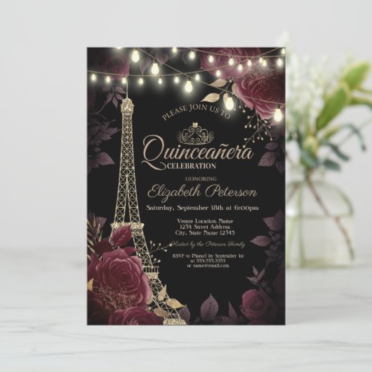 Invitation Tour Eiffel parties scintillant, Quinceañera Rose (Debout devant)