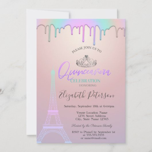 Invitation Tour Eiffel, Pilotes arc-en-ciel Quinceañera (Devant)