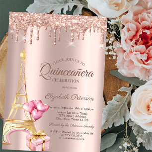 Invitation Tour Eiffel Présent Ballons Rose Gold Gouttes 