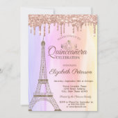 Invitation Tour Eiffel, Quinceañera ombre gouttes de rose dor (Devant)