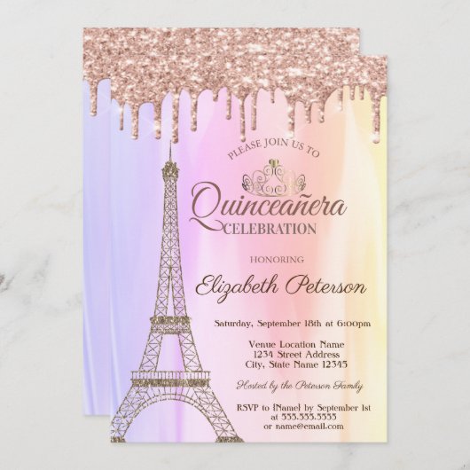 Invitation Tour Eiffel, Quinceañera ombre gouttes de rose dor (Devant / Derrière)