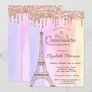 Invitation Tour Eiffel, Quinceañera ombre gouttes de rose dor